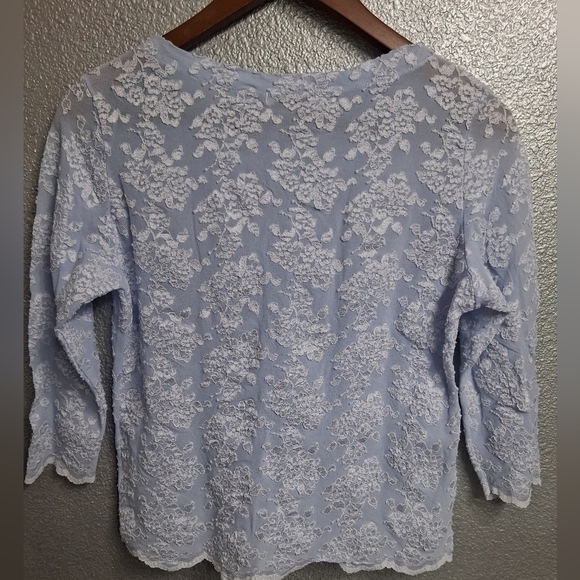 E.R.G. Collection Light Blue Shirt With White Floral Lace Overlay     Size L - Picture 14 of 14